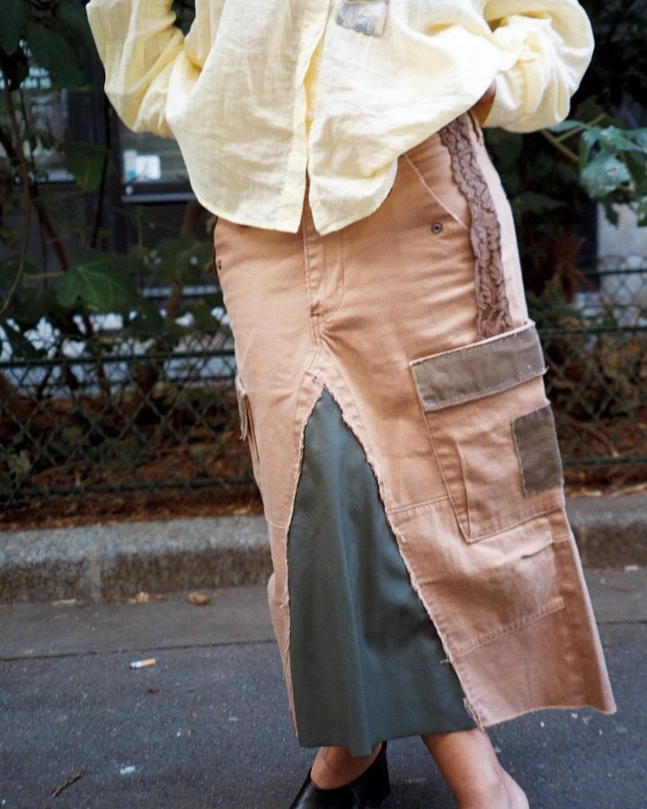 Upcycled denim brown long skirt